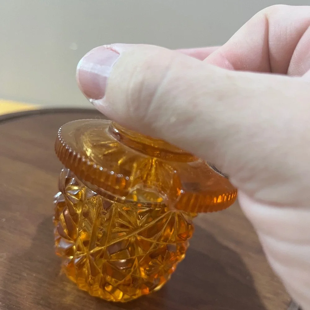 Vtg Westmoreland Amber Glass Jelly Jar Daisy Button Notched Lid MCM Jam Pot 4